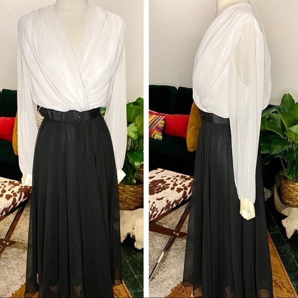 Incredible True Vintage 1950’s Contrast Duo Tone Belted Maxi Gown Dress - Picture 1 of 14
